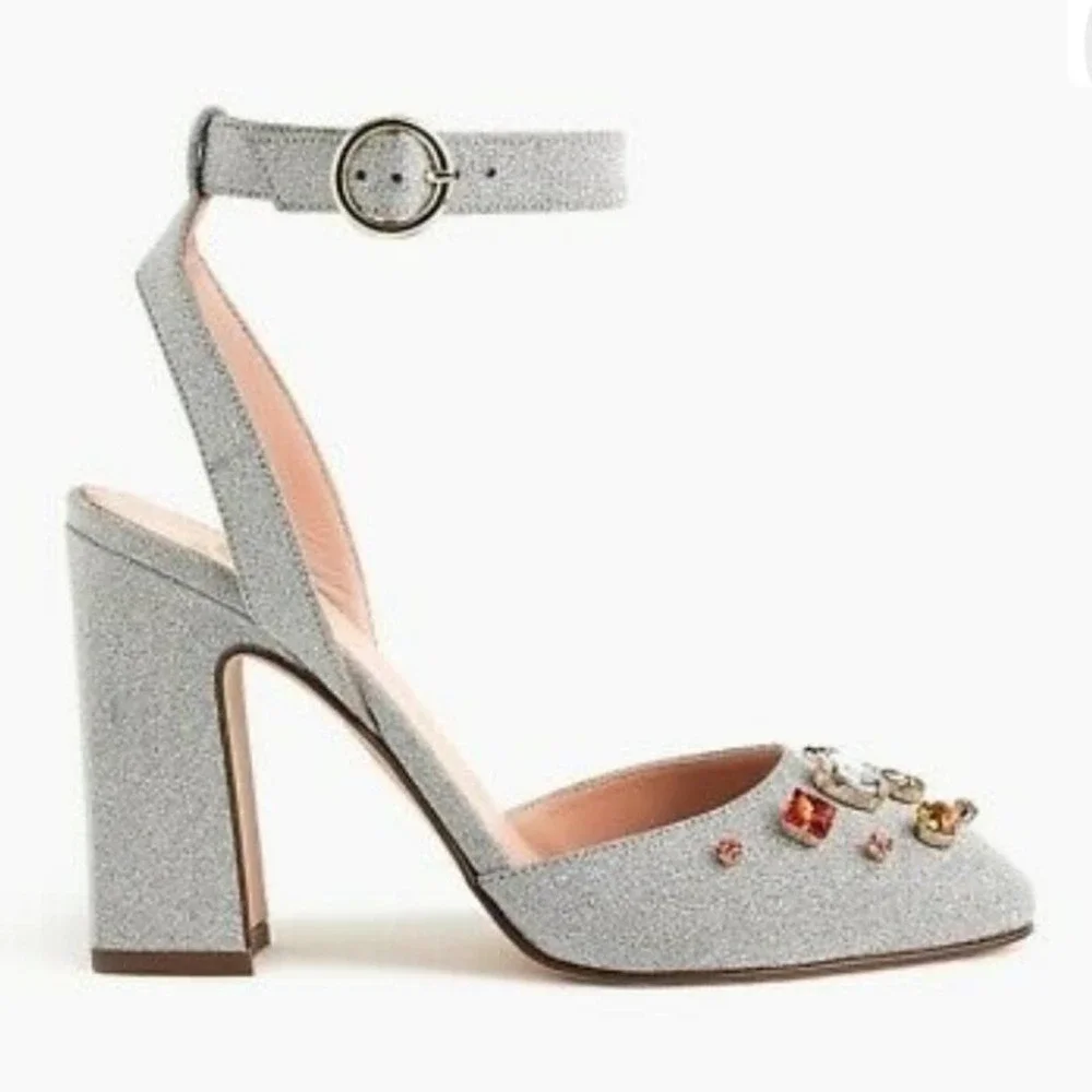 NEW! J CREW Harlow Silver Sparkle Embellished Heels Shoes 7.5.